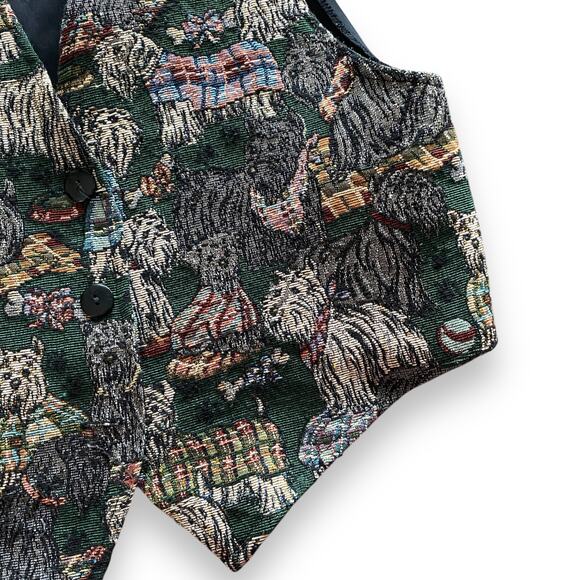 VNTG Tapestry Vest Dog Themed Sz M Green Multicolor Satin Tie Back 80s Y2k - Picture 4 of 16